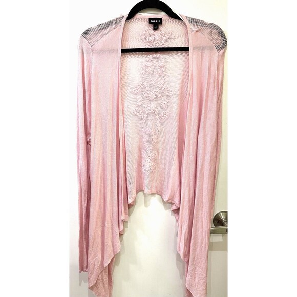 torrid Sweaters - Torrid Waterfall Open Front Cardigan Pink Sweater Size 1 Crochet Lace Back
